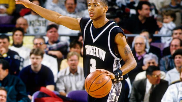 Georgetown Hoyas guard Allen Iverson dribbles the basketball.