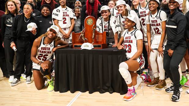 South Carolina Gamecocks players celebrate winning the SEC regular season title.