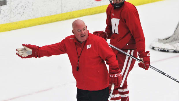 Wisconsin men's hockey coach Mike Hastings guides the team through practice at La Bahn Arena in Madison, Wis. at Tuesday Sept. 26, 2026.  