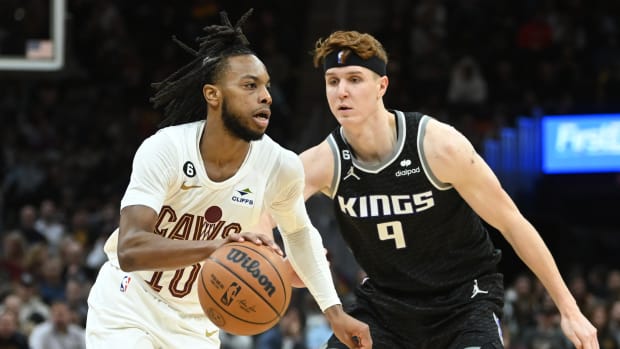 Cleveland Cavaliers guard Darius Garland (10) drives to the basket against Sacramento Kings guard Kevin Huerter (9) during the second half at Rocket Mortgage FieldHouse.