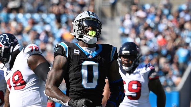 Carolina Panthers linebacker Brian Burns (0) react after a sack in the second quarter at Bank of America Stadium. 