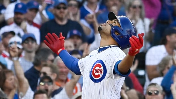Sep 23, 2023; Chicago, Illinois, USA; Chicago Cubs second baseman Christopher Morel (5) reacts after hitting a home run agains the Colorado Rockies during the eighth inning at Wrigley Field. Mandatory Credit: Matt Marton-USA TODAY Sports  