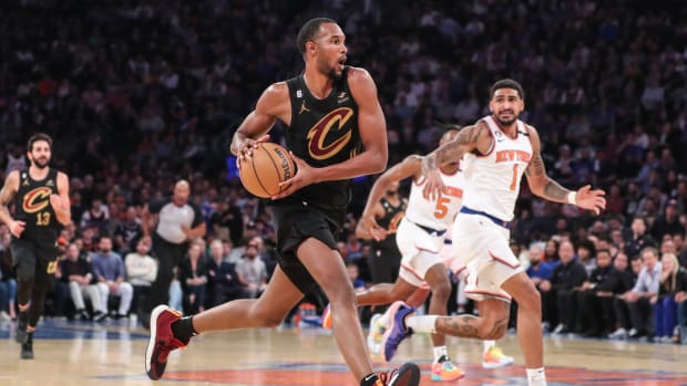 Apr 23, 2023; New York, New York, USA; Cleveland Cavaliers forward Evan Mobley (4) drives to the basket during game four of the 2023 NBA playoffs against the New York Knicks at Madison Square Garden.
