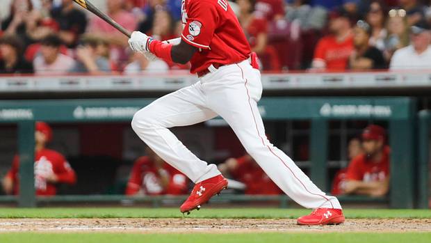 Cincinnati Reds third baseman Elly De La Cruz reacts after hitting his first career hit.