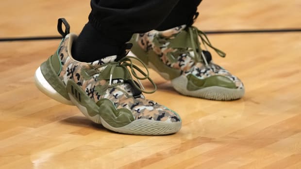 Atlanta Hawks guard Trae Young wears the Adidas Trae Young 1 'Camo' sneakers against the Brooklyn Nets on April 2, 2022.