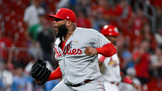 Sep 15, 2023; St. Louis, Missouri, USA; Philadelphia Phillies relief pitcher Jose Alvarado (46) reacts after striking out St. Louis Cardinals center fielder Lars Nootbaar (not pictured) with the bases loaded to end the game in the ninth inning at Busch Stadium. Mandatory Credit: Jeff Curry-USA TODAY Sports  