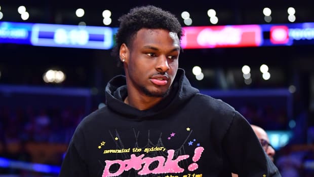 May 6, 2023; Los Angeles, California, USA; Bronny James in attendance as the Los Angeles Lakers play against the Golden State Warriors during the second half in game three of the 2023 NBA playoffs at Crypto.com Arena.
