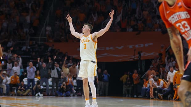 Tennessee Volunteers guard Dalton Knecht reacts after scoring a three-point basket.