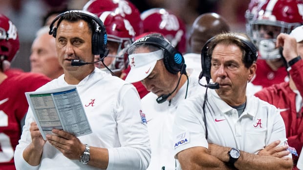 Alabama offensive coordinator Steve Sarkisian and head coach Nick Saban against Duke in the Chick-fil-A Kickoff Game at Mercedes Benz Stadium in Atlanta, Ga., on Saturday August 31, 2019.