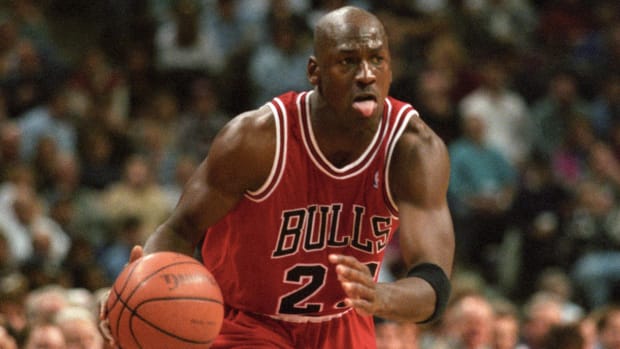 February 15, 1996; Chicago Bulls guard Michael Jordan vs. the Detroit Pistons at the Palace at Auburn Hills.