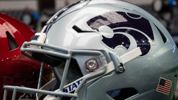 July 12, 2023; Arlington, TX, USA; A football helmet from Kansas State University on display during the first day of Big 12 Media Days in AT&T Stadium in Arlington, Texas, July 12, 2023.