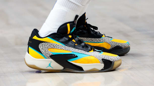 Dallas Mavericks guard Luka Doncic's black and yellow Jordan Brand sneakers.