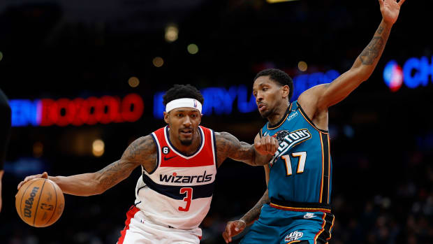 Washington, District of Columbia, USA; Washington Wizards guard Bradley Beal (3) drives to the basket as Detroit Pistons guard Rodney McGruder (17) defends in the third quarter at Capital One Arena.