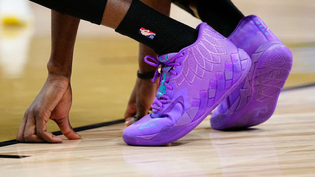 Toronto Raptors forward Chris Boucher wears the Puma MB.01 sneakers against the Miami Heat on April 3, 2022.