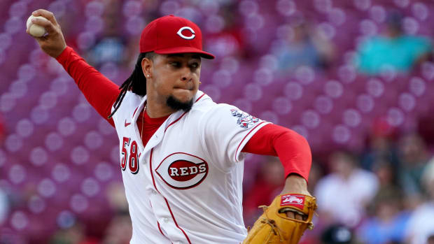 Cincinnati Reds starting pitcher Luis Castillo (58) delivers during the second inning of a baseball game against the Miami Marlins, Wednesday, July 27, 2022, at Great American Ball Park in Cincinnati. Miami Marlins At Cincinnati Reds July 27 0008