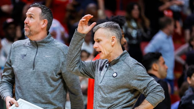Apr 14, 2023; Miami, Florida, USA; Chicago Bulls head coach Billy Donovan reacts during a timeout in the fourth quarter against the Miami Heat at Kaseya Center.