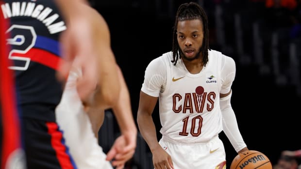 Mar 1, 2024; Detroit, Michigan, USA; Cleveland Cavaliers guard Darius Garland (10) dribbles in the second half against the Detroit Pistons at Little Caesars Arena.