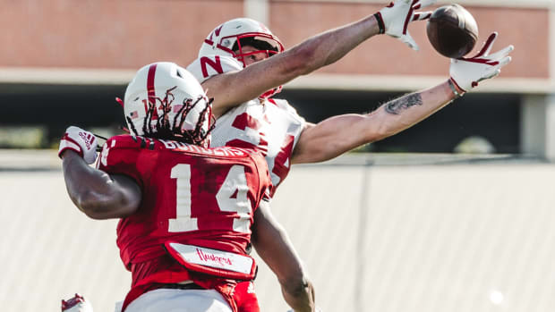 Chief Borders linebacker and Thomas Fidone tight end Nebraska football spring practice 2023-04-18 cropped