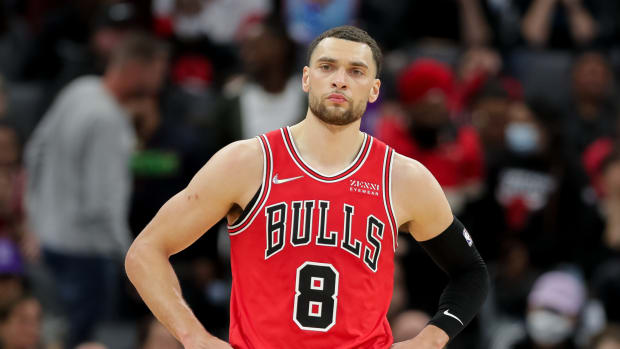 Chicago Bulls guard Zach LaVine looks on during a game.