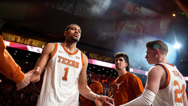 Texas Longhorns forward Dylan Disu (1) takes the court ahead of the basketball game against Houston at the Moody Center on Monday, Jan. 29, 2024 in Austin