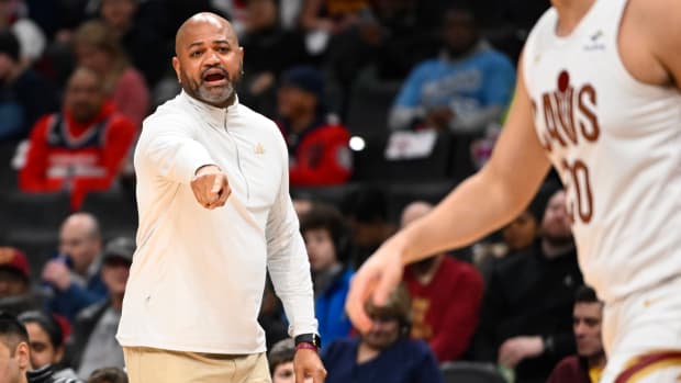 Feb 7, 2024; Washington, District of Columbia, USA; Cleveland Cavaliers head coach J.B. Bickerstaff gestures against the Washington Wizards during the first half at Capital One Arena. Mandatory Credit: Brad Mills-USA TODAY Sports