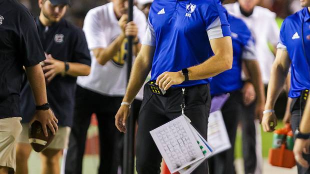 Eastern Illinois Panthers head coach Adam Cushing directs his team against the South Carolina Gamecocks in the third quarter at Williams-Brice Stadium.