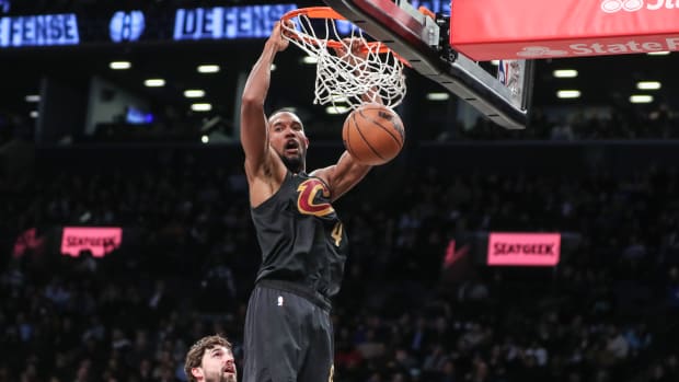 Mar 23, 2023; Brooklyn, New York, USA; Cleveland Cavaliers forward Evan Mobley (4) dunks in the second quarter against the Brooklyn Nets at Barclays Center. Mandatory Credit: Wendell Cruz-USA TODAY Sports