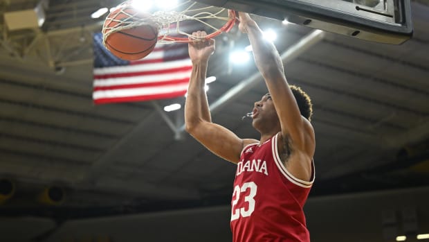 Indiana Hoosiers forward Trayce Jackson-Davis (23) completes a slam dunk against the Iowa Hawkeyes during the first half at Carver-Hawkeye Arena.