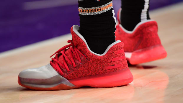 Toronto Raptors guard Gary Trent Jr. wears the Adidas Harden Vol. 1 sneakers against the Los Angeles Lakers on March 14, 2022.