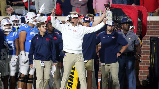 Ole Miss Rebels head coach Lane Kiffin reacts from the sidelines during their game against the Arkansas Razorbacks at Vaught-Hemingway Stadium Saturday.