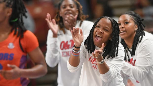 Ole Miss Head Coach Yolett McPhee-McCuin claps after her team scored against Florida during the second quarter of the SEC Women's Basketball Tournament game at the Bon Secours Wellness Arena in Greenville, S.C. Friday, March 8, 2024.