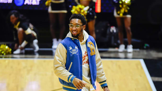 Feb 18, 2023; Salt Lake City, Utah, USA; Donovan Mitchell at the game against the Grambling State University Tigers and the Southern University Jaguars during the first half at the Jon M. Huntsman Center. Mandatory Credit: Christopher Creveling-USA TODAY Sports