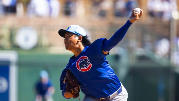 Mar 2, 2024; Phoenix, Arizona, USA; Chicago Cubs pitcher Shota Imanaga against the Los Angeles Dodgers during a spring training game at Camelback Ranch-Glendale.
