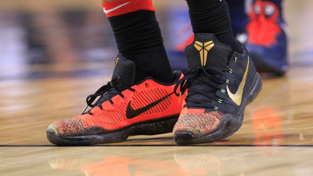 Chicago Bulls guard DeMar DeRozan's red and black Nike Kobe sneakers.
