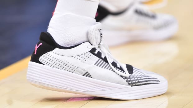 Washington Wizards forward Kyle Kuzma wears the Puma Clyde All-Pro sneakers against the Cleveland Cavaliers on November 10, 2021.