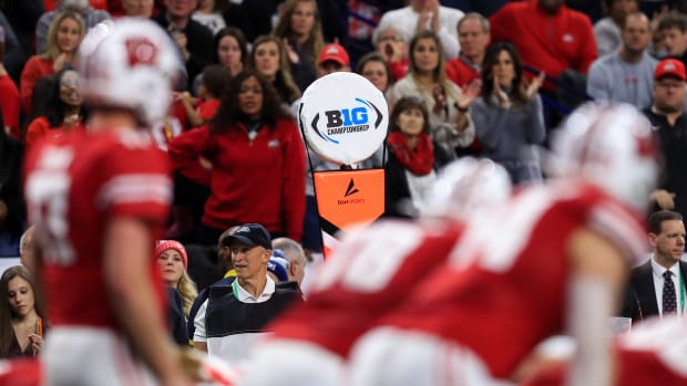 Big Ten logo during the Big Ten Championship (Credit: Aaron Doster-USA TODAY Sports)