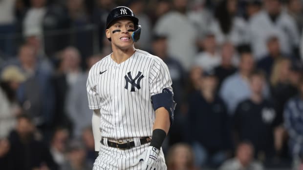 Aaron Judge reacts after striking out.