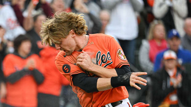Oct 8, 2023; Baltimore, Maryland, USA; Baltimore Orioles third baseman Gunnar Henderson (2) reacts after scoring during game two of the ALDS for the 2023 MLB playoffs against the Texas Rangers at Oriole Park at Camden Yards.