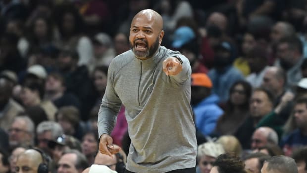 Dec 10, 2022; Cleveland, Ohio, USA; Cleveland Cavaliers head coach J.B. Bickerstaff reacts during the first half against the Oklahoma City Thunder at Rocket Mortgage FieldHouse. Mandatory Credit: Ken Blaze-USA TODAY Sports