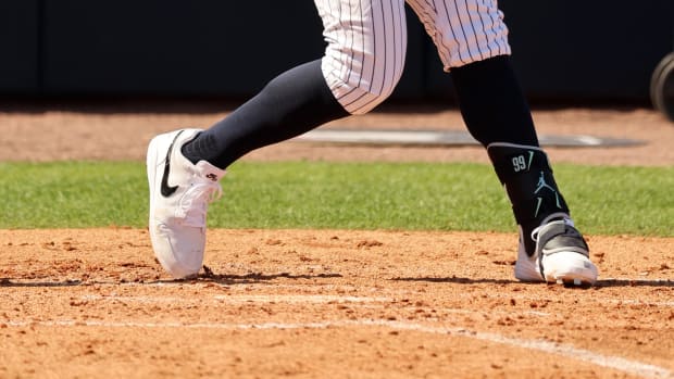 New York Yankees right fielder Aaron Judge's white and navy Air Jordan cleats.
