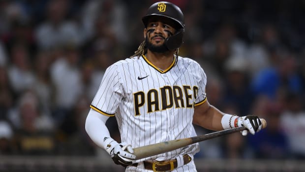 Padres right fielder Fernando Tatis Jr. reacts during a game against the Phillies.