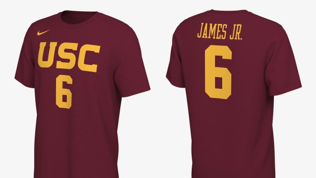 Front and back of Bronny James' cardinal and gold USC Trojans shirt.