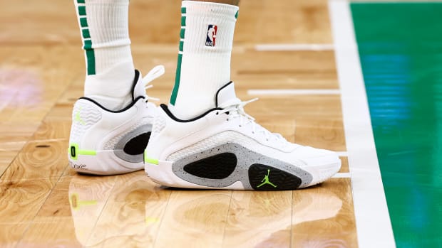 Boston Celtics forward Jayson Tatum's white and black Jordan Brand sneakers.