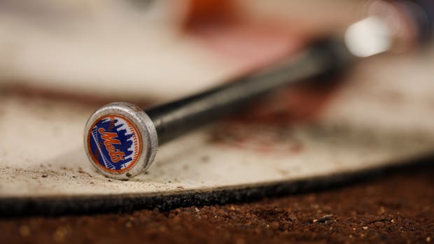 Mets Bat Logo May 11, 2022; Washington, District of Columbia, USA; A detailed view of the New York Mets logo on a bat during the game between the Washington Nationals and the New York Mets at Nationals Park. Mandatory Credit: Scott Taetsch-USA TODAY Sports