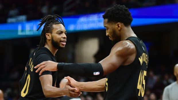 Dec 6, 2023; Cleveland, Ohio, USA; Cleveland Cavaliers guard Darius Garland (10) celebrates with guard Donovan Mitchell (45) during the second half against the Orlando Magic at Rocket Mortgage FieldHouse.