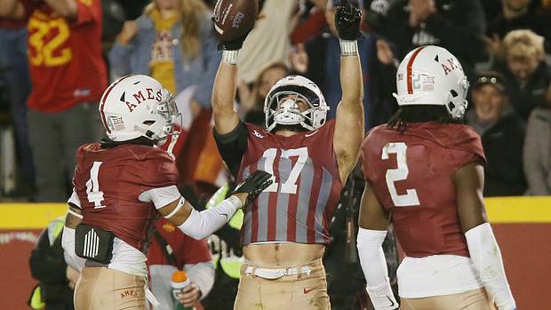 Iowa State Cyclones defensive back Beau Freyler (17) celebrates with teammates after an interception during the fourth quarter in the Jack Trice Legacy Game at Jack Trice Stadium on Saturday, Oct. 7, 2023