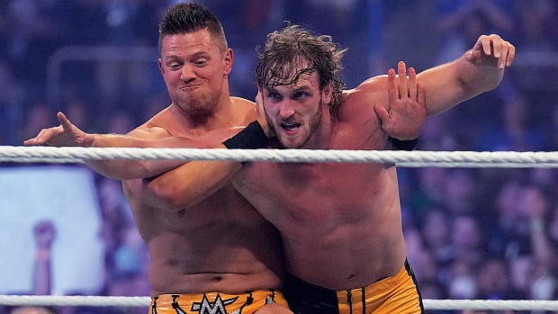 The Miz turns on his partner Logan Paul shortly after the two celebrated their victory over the Mysterios at Wrestlemania 38 at AT&T Stadium in Arlington, Texas.