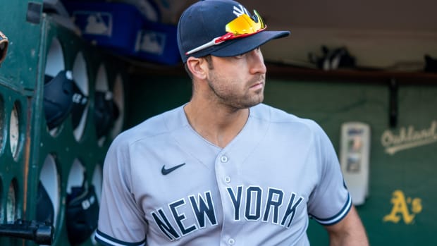 Aug 26, 2021; Oakland, California, USA; New York Yankees center fielder Joey Gallo (13) looks on before a game against the Oakland Athletics at RingCentral Coliseum. Mandatory Credit: Neville E. Guard-USA TODAY Sports