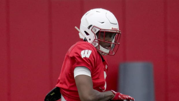 Saint Louis native Keontez Lewis participating in spring practice with the Wisconsin Badgers. (Credit: Mike De Sisti / Milwaukee Journal Sentinel / USA TODAY NETWORK)