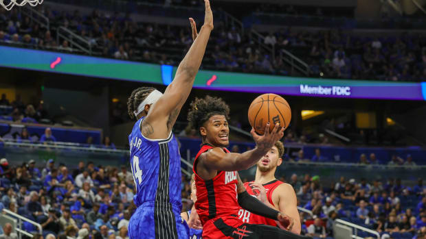 Rockets guard Jalen Green shoots the ball against Orlando Magic center Wendell Carter Jr. (34) during the second half at Amway Center.